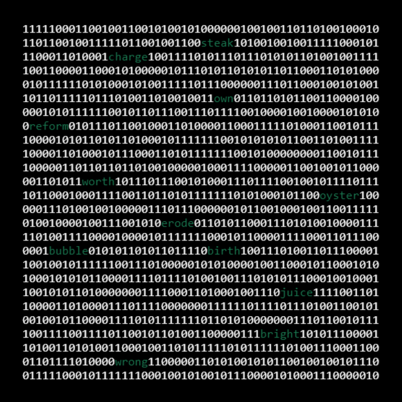 Bitcoin ordinal collection. An inscription as a bunch of digits shaped as square with BIP39 words randomly showed among them